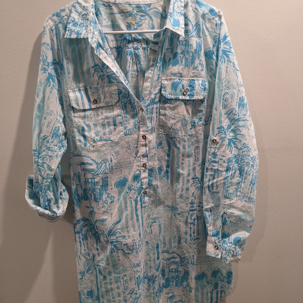 Lilly Pulitzer Women's Cover up Dress White with Aqua Print Size L